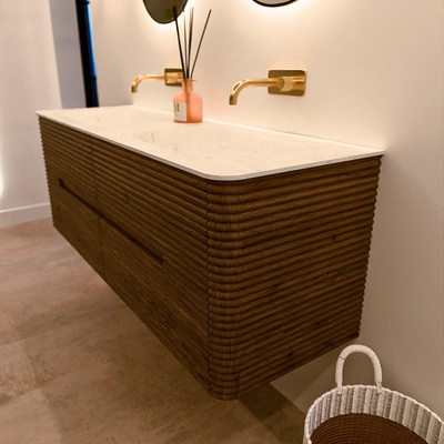 Mondiaz CIRO-DLUX Badkamermeubelset - 140x45x50cm - Solid surface wastafel Opalo - 2 wasbak Dubbel - zonder kraangaten - 4 lades - Dusk