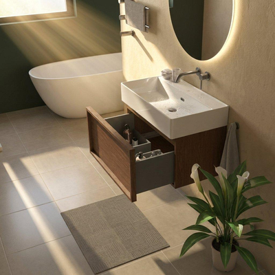 Saniclass Holz Frame Ensemble de meuble de salle de bains - 80x45x52cm - Legend lavabo en céramique blanc - 1 vasque - sans trou de robinetterie - 1 tiroir - walnut pure mat (bois)