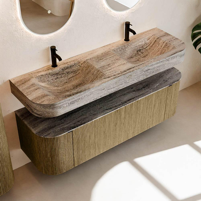 MONDIAZ THOR-DLUX 150cm meuble de salle de bains arrondi gauche + droite couleur Dusk avec 1 tiroir et 2 portes. Vasque suspendue CLOUD Double 2 trous de robinet couleur Oza.