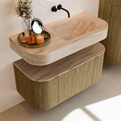 MONDIAZ THOR-DLUX 100cm meuble de salle de bains arrondi gauche + droite couleur Dusk avec 1 tiroir et 2 portes. Vasque suspendue CLOUD Droite sans trou de robinet couleur Saba.