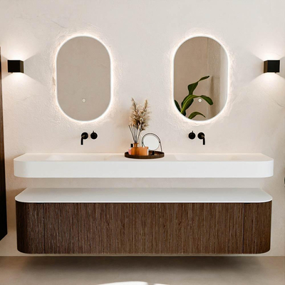 MONDIAZ THOR 200cm meuble de salle de bains arrondi gauche + droite couleur Walnut avec 2 tiroirs et 2 portes. Vasque suspendue CLOUD Double sans trou de robinet couleur Talc.