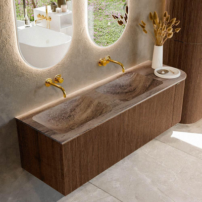 MONDIAZ KURVE-DLUX Meuble de salle de bains 145cm arrondi à droite couleur Walnut avec 1 tiroir et 1 porte. Lavabo LEAF Double / à gauche sans trou de robinet Oza.