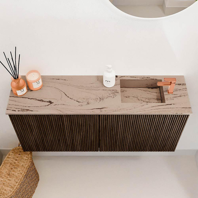 Mondiaz JOYA-DLUX 90cm meuble de salle de bains - couleur Walnut - Vasque FAYE position Droite 1 trou de robinet couleur Arena.