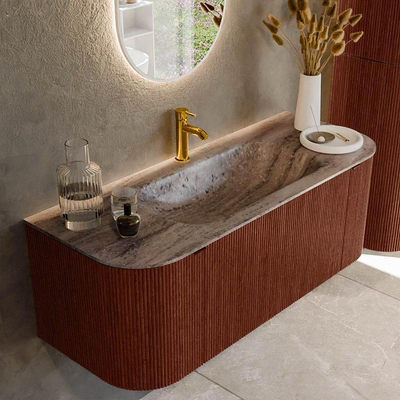 MONDIAZ KURVE-DLUX 120cm badmeubel ronding Links + Rechts kleur Ruby met 1 lade en 2 deuren. Wastafel BIG SMALL Midden 1 kraangat Oza.