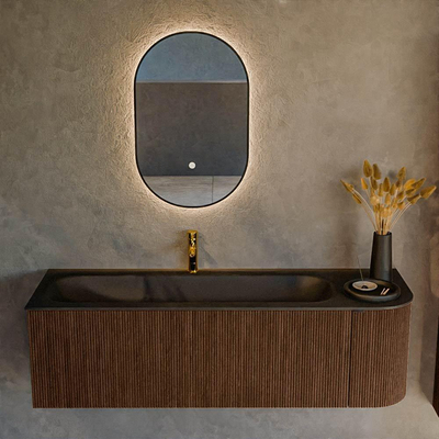 MONDIAZ KURVE Meuble de salle de bains 145 cm avec module 25 R couleur Walnut avec 1 tiroir et 1 porte. Lavabo BIG LARGE gauche 1 trou de robinet Urban.