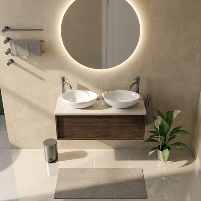 Saniclass Holz Frame Ensemble de meubles de salle de bains - 120x45x43cm - Plan de toilette en pierre naturelle travertin - 2 trous de robinetterie - 1 tiroir - chêne charcoal mat (bois)