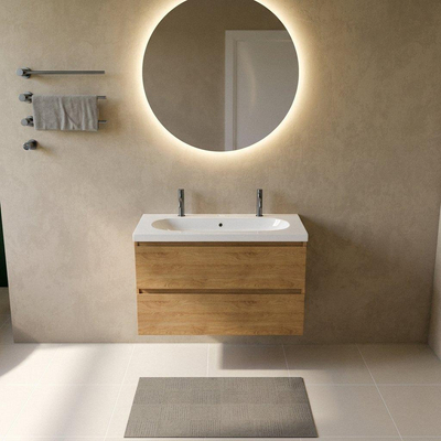 Saniclass Holz Pure Ensemble de meubles de salle de bains - 100x45x63.5cm - Lavabo en céramique Palermo blanc - 1 vasque - 2 trous de robinetterie - 2 tiroirs - chêne natural mat (bois)