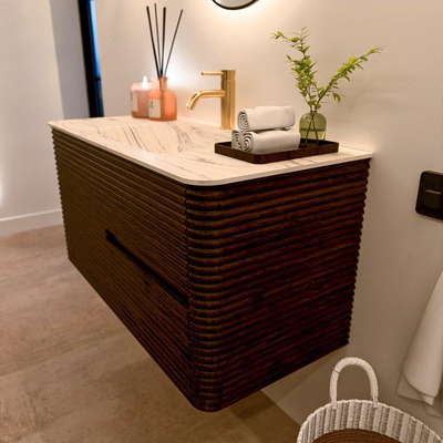 Mondiaz CIRO-DLUX Meuble de salle de bains - 100x45x50cm - Plan-vasque solid surface Nata - 1 lavabo milieu - 1 trou de robinetterie - 2 tiroirs - Noyer