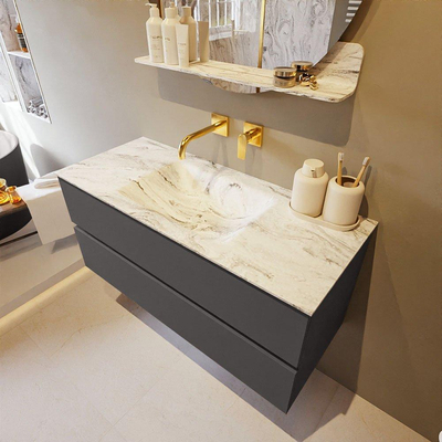 Mondiaz VICA-DLUX ensemble de meuble de salle de bain - 110cm - meuble sous-vasque gris foncé - 2 tiroirs - lavabo encastré nuage milieu - sans trous de robinet - version haute de 60cm - glace