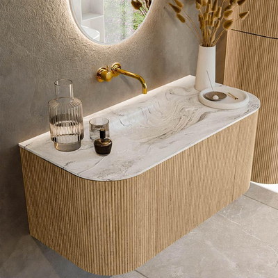 MONDIAZ KURVE-DLUX 100cm Meuble salle de bain avec module 25 G et D - couleur Oak - 1 tiroir - 2 portes - vasque GRUNNE centre - sans trou de robinet - couleur Glace