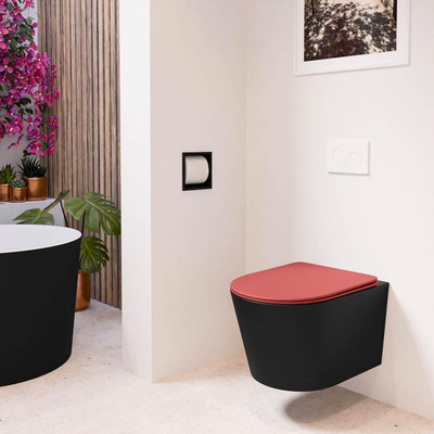Mondiaz LAVIE hangtoilet – spoelrandloos – 36 x 53 cm – met softclose zitting – Urban (zwart), zitting Fire (rood)