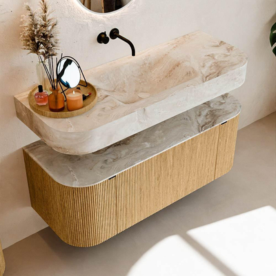 MONDIAZ THOR-DLUX 120cm badmeubel ronding links + rechts kleur Oak met 1 lade en 2 deuren. Vrijhangende wastafel CLOUD Midden zonder kraangat kleur Frappe.