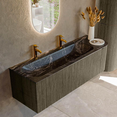 Mondiaz KURVE-DLUX Badkamermeubelset - 145x46x40cm - 1 lade - 1 deur - wastafel solid surface - links - 2 kraangaten - Shadow