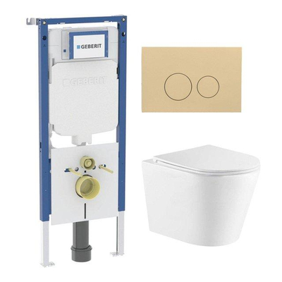 QeramiQ Dely Toiletset - 36.3x51.7cm - diepspoel - rimless - Geberit UP720 inbouwreservoir - softclose toiletzitting - bedieningsplaat beige - ronde knoppen - met Burda frame - glans wit