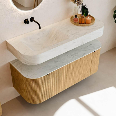 MONDIAZ THOR-DLUX 120cm meuble de salle de bains arrondi gauche + droite couleur Oak avec 1 tiroir et 2 portes. Vasque suspendue CLOUD Gauche sans trou de robinet couleur Opalo.