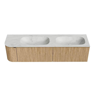 MONDIAZ KURVE-DLUX meuble de salle de bains 175 cm avec module 25 L couleur chêne avec 2 tiroirs et 1 porte. Vasque STOR SMALL double / droite 2 trous de robinet couleur Opalo.