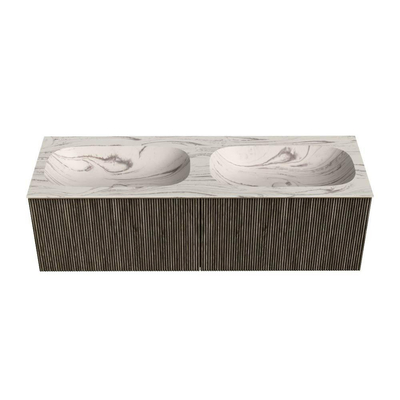 MONDIAZ KURVE-DLUX Meuble de salle de bains 140 cm couleur Shadow avec 2 tiroirs et 0 portes. Lavabo STOR SMALL Double sans trou de robinet Nata.