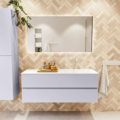 Mondiaz VICA ensemble de meuble de salle de bain - 130cm - meuble sous-vasque cale - 2 tiroirs - lavabo cloud droite - 1 trou de robinet - couleur talc - miroir LED - version XL 60cm de haut