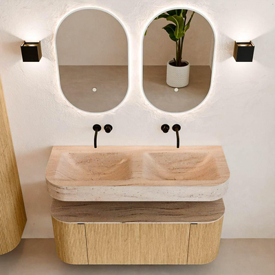 MONDIAZ THOR-DLUX 120cm badmeubel ronding links + rechts kleur Oak met 1 lade en 2 deuren. Vrijhangende wastafel CLOUD Dubbel zonder kraangat kleur Saba.