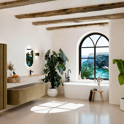 MONDIAZ THOR-DLUX Meuble de salle de bains 170cm arrondi gauche + droite couleur Dusk avec 1 tiroir et 2 portes. Vasque suspendue CLOUD Droite 1 trou de robinet couleur Arena.