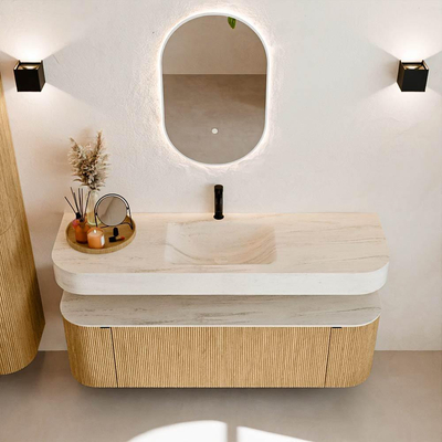 MONDIAZ THOR-DLUX 150cm meuble de salle de bains arrondi gauche + droite couleur Oak avec 1 tiroir et 2 portes. Vasque suspendue CLOUD Milieu 1 trou de robinet couleur Meli.