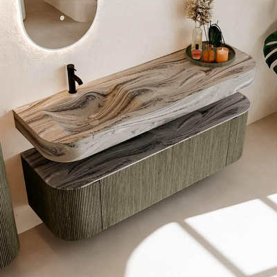 MONDIAZ THOR-DLUX 150cm meuble de salle de bains arrondi gauche + droite couleur Shadow avec 1 tiroir et 2 portes. Vasque suspendue CLOUD Gauche 1 trou de robinet couleur Sombra.