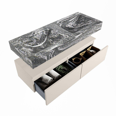 Mondiaz ALAN-DLUX Ensemble de meuble - 120cm - meuble Linen mat - 2 tiroirs - Lavabo Cloud Lava suspendu - vasque Gauche et droite - 2 trous de robinet