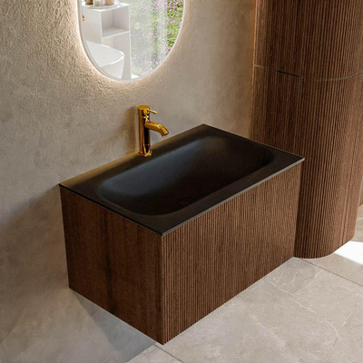 MONDIAZ KURVE 70cm badmeubel kleur Walnut met 1 lade. Wastafel BIG SMALL midden 1 kraangat Urban.