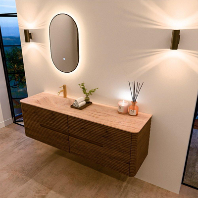 Mondiaz CIRO-DLUX Badkamermeubelset - 160x45x50cm - Solid surface wastafel Saba - 1 wasbak Links - 1 kraangat - 4 lades - Dusk