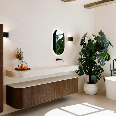 MONDIAZ THOR-DLUX Meuble de salle de bains - 190cm - arrondi gauche + droite - couleur Walnut - 2 tiroirs et 2 portes - Vasque suspendue CLOUD Droite sans trou de robinet - couleur Meli