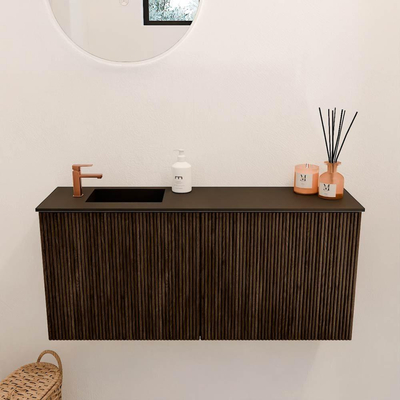 Mondiaz JOYA 90cm toiletmeubel - kleur Walnut - Wastafel FAYE positie Links 1 kraangat kleur Urban.