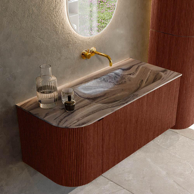 MONDIAZ KURVE-DLUX Meuble de salle de bains 105cm arrondi à gauche couleur Ruby avec 1 tiroir et 1 porte. Vasque BIG SMALL à droite sans trou de robinet Sombra.