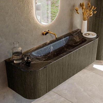 Mondiaz KURVE-DLUX Badkamermeubelset - 150x46x40cm - 1 lade - 2 deuren - wastafel solid surface - midden - zonder kraangat - Shadow