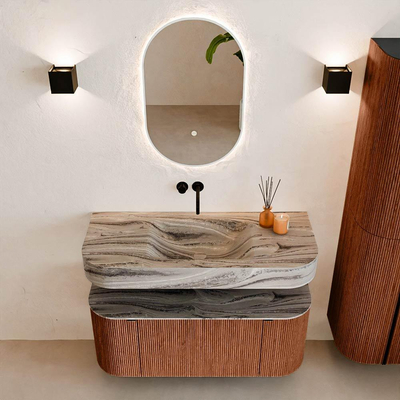 MONDIAZ THOR-DLUX Meuble de salle de bains 110cm arrondi gauche + droite couleur Ruby avec 1 tiroir et 2 portes. Vasque suspendue CLOUD Centre sans trou de robinet couleur Sombra.