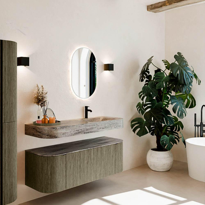 MONDIAZ THOR-DLUX 130cm meuble de salle de bains arrondi gauche + droite couleur Shadow avec 1 tiroir et 2 portes. Vasque suspendue CLOUD Droite 1 trou de robinet couleur Oza.