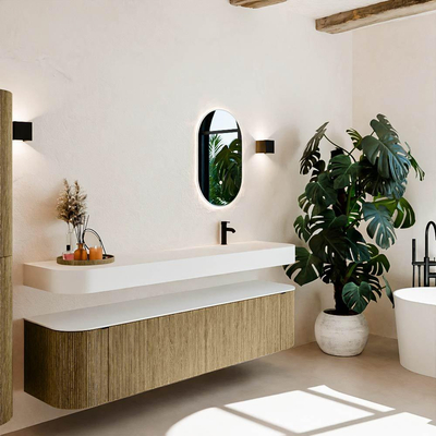 MONDIAZ THOR Meuble de salle de bains 190cm arrondi gauche + droite couleur Dusk avec 2 tiroirs et 2 portes. Vasque suspendue CLOUD Droite 1 trou de robinet couleur Talc.