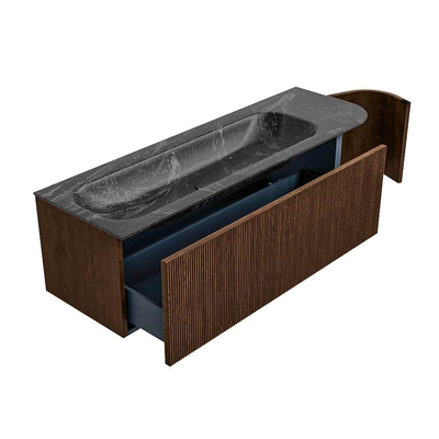 MONDIAZ KURVE-DLUX 145cm meuble de salle de bains avec module 25 R couleur Walnut avec 1 tiroir et 1 porte. Lavabo BIG LARGE gauche 2 trous de robinet couleur Lava.