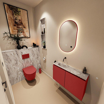 MONDIAZ TURE-DLUX Meuble toilette - 80cm - Fire - EDEN - vasque Glace - position gauche - sans trou de robinet