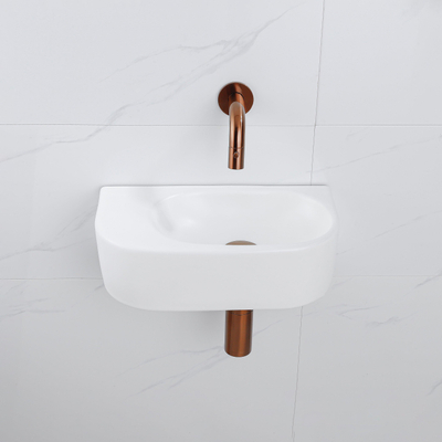 QeramiQ Fuente Ensemble de Lavabo - 40x21.5x12cm - lisse - demi-rond - céramique - ensemble de robinet en cuivre brossé - bouchon de vidange - siphon abaissé - blanc mat