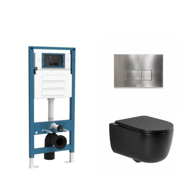 QeramiQ Dely Swirl Toiletset - inbouwreservoir Qeramiq Flush - slim zitting - metaal RVS bedieningsplaat - rechthoekige knoppen - mat zwart