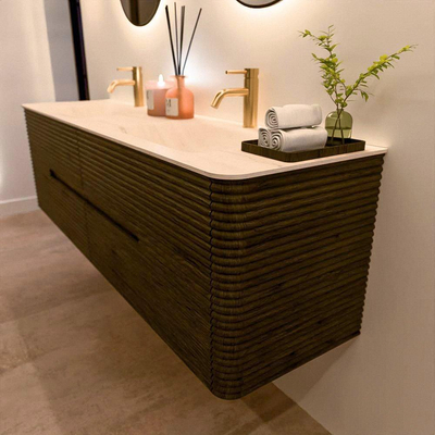 Mondiaz CIRO-DLUX Badkamermeubelset - 170x45x50cm - Solid surface wastafel Meli - 2 wasbak Dubbel - 2 kraangaten - 4 lades - Shadow