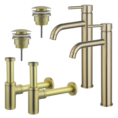 FugaFlow Eccelente Sobrado Kit robinet lavabo - pour double vasque - robinet rehaussé - bonde clic clac - siphon design - Laiton brossé PVD