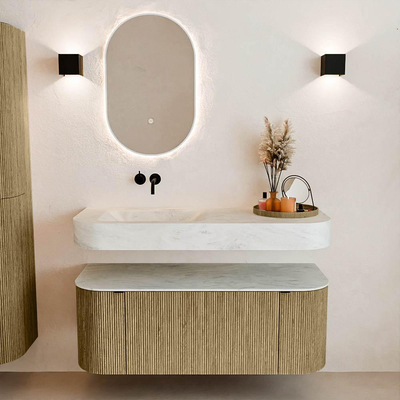 MONDIAZ THOR-DLUX 120cm meuble de salle de bains arrondi gauche + droite couleur Dusk avec 1 tiroir et 2 portes. Vasque suspendue CLOUD Gauche sans trou de robinet couleur Opalo.