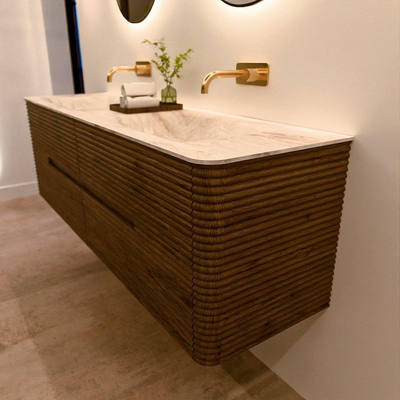 Mondiaz CIRO-DLUX Badkamermeubelset - 160x45x50cm - Solid surface wastafel Frappe - 2 wasbak Dubbel - zonder kraangaten - 4 lades - Dusk