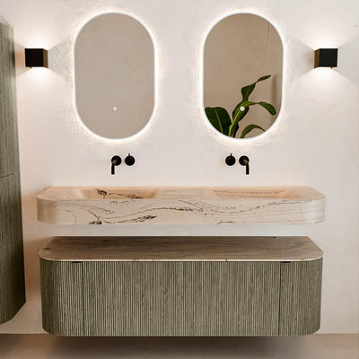 MONDIAZ THOR-DLUX 150cm meuble de salle de bains arrondi gauche + droite couleur Shadow avec 1 tiroir et 2 portes. Vasque suspendue CLOUD Double sans trou de robinet couleur Arena.