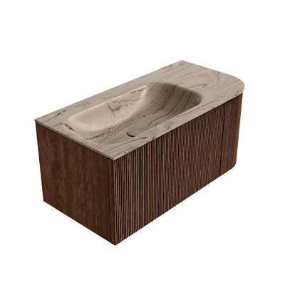 MONDIAZ KURVE-DLUX meuble de salle de bains 95cm arrondi droit couleur noyer avec 1 tiroir et 1 porte. Lavabo BIG SMALL gauche sans trou de robinet Arena.