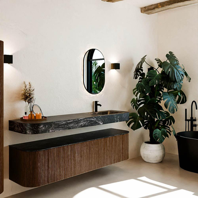 MONDIAZ THOR-DLUX 180cm meuble de salle de bains arrondi gauche + droite couleur Walnut avec 2 tiroirs et 2 portes. Vasque suspendue CLOUD Droite 1 trou de robinet couleur Lava.