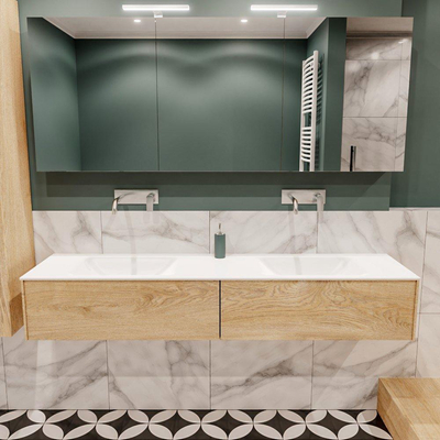 MONDIAZ LUSH Ensemble de meuble salle de bain - 180cm - 2 tiroirs - lavabo cloud - 2 lavabos - 0 trous de robinet - chêne blanchi