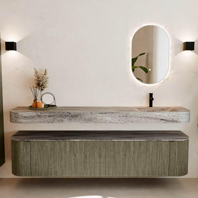 MONDIAZ THOR-DLUX 200cm meuble de salle de bains arrondi gauche + droite couleur Shadow avec 2 tiroirs et 2 portes. Vasque suspendue CLOUD Droite 1 trou de robinet couleur Oza.