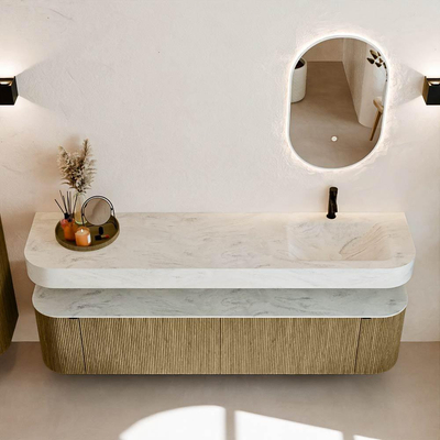 MONDIAZ THOR-DLUX Meuble de salle de bains 190cm arrondi gauche + droite couleur Dusk avec 2 tiroirs et 2 portes. Vasque suspendue CLOUD Droite 1 trou de robinet couleur Opalo.